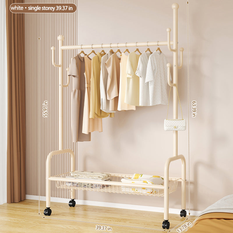 Rolling Multi-Hook Coat Rack|Garment Rack with Basket for Clothes, Hats, and Shoes