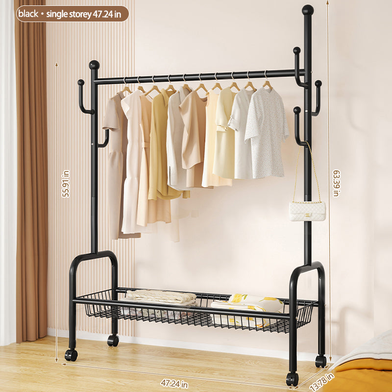 Rolling Multi-Hook Coat Rack|Garment Rack with Basket for Clothes, Hats, and Shoes