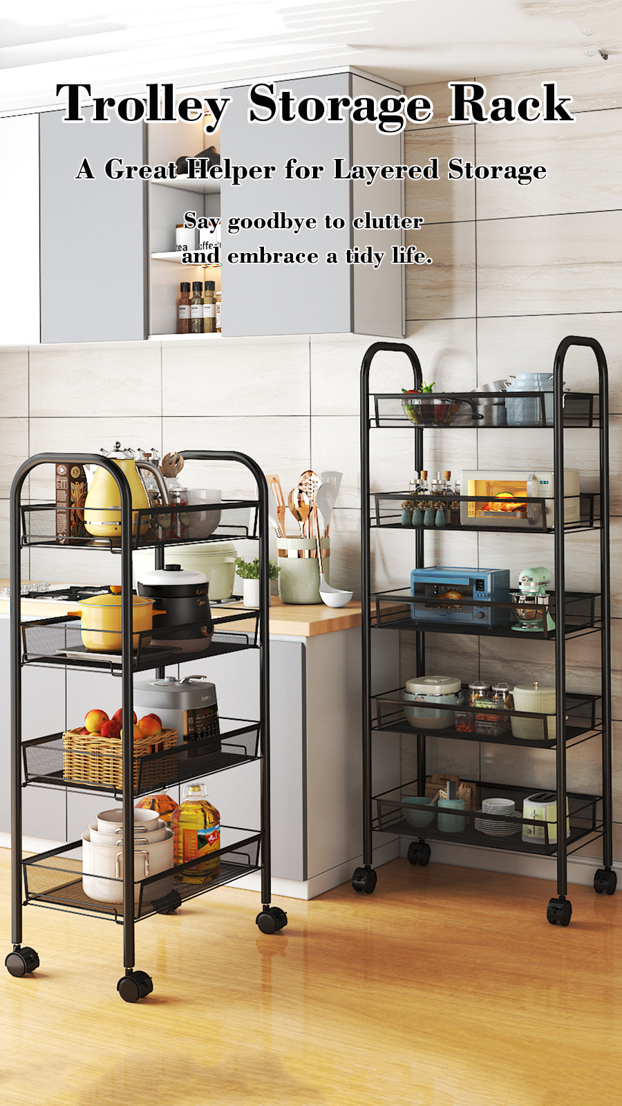 3/4/5 Tier Rolling Storage Trolley Rack | Multi-Function Metal Organizer with 360° Rotating Wheels for Kitchen, Living Room, Bedroom