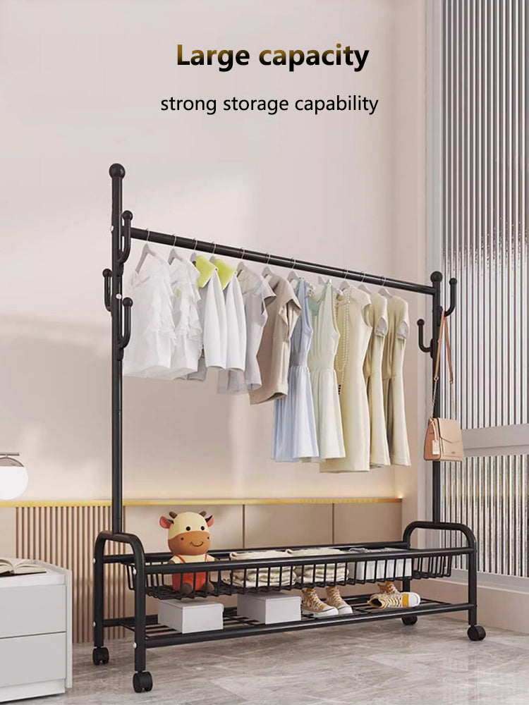 Rolling Multi-Hook Coat Rack|Garment Rack with Basket for Clothes, Hats, and Shoes