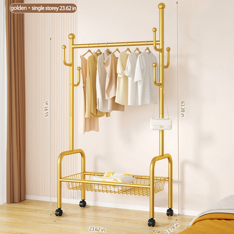 Rolling Multi-Hook Coat Rack|Garment Rack with Basket for Clothes, Hats, and Shoes
