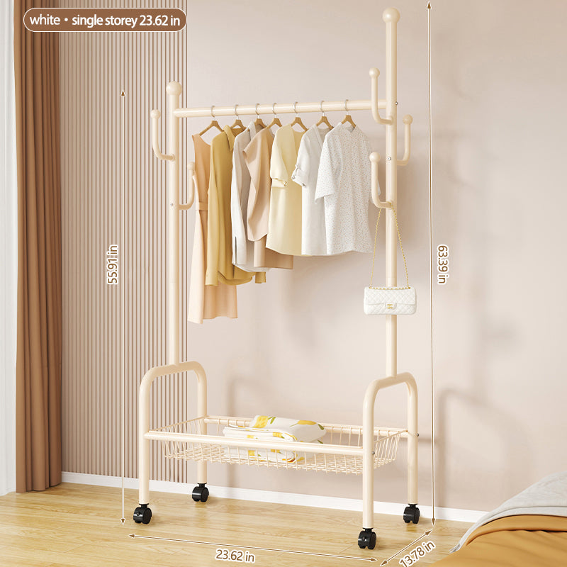 Rolling Multi-Hook Coat Rack|Garment Rack with Basket for Clothes, Hats, and Shoes