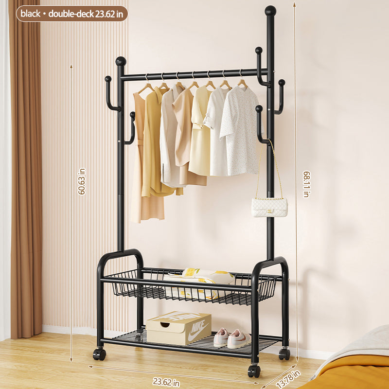 Rolling Multi-Hook Coat Rack|Garment Rack with Basket for Clothes, Hats, and Shoes