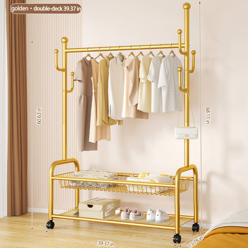 Rolling Multi-Hook Coat Rack|Garment Rack with Basket for Clothes, Hats, and Shoes