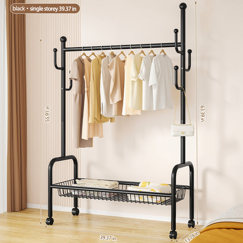 Rolling Multi-Hook Coat Rack|Garment Rack with Basket for Clothes, Hats, and Shoes