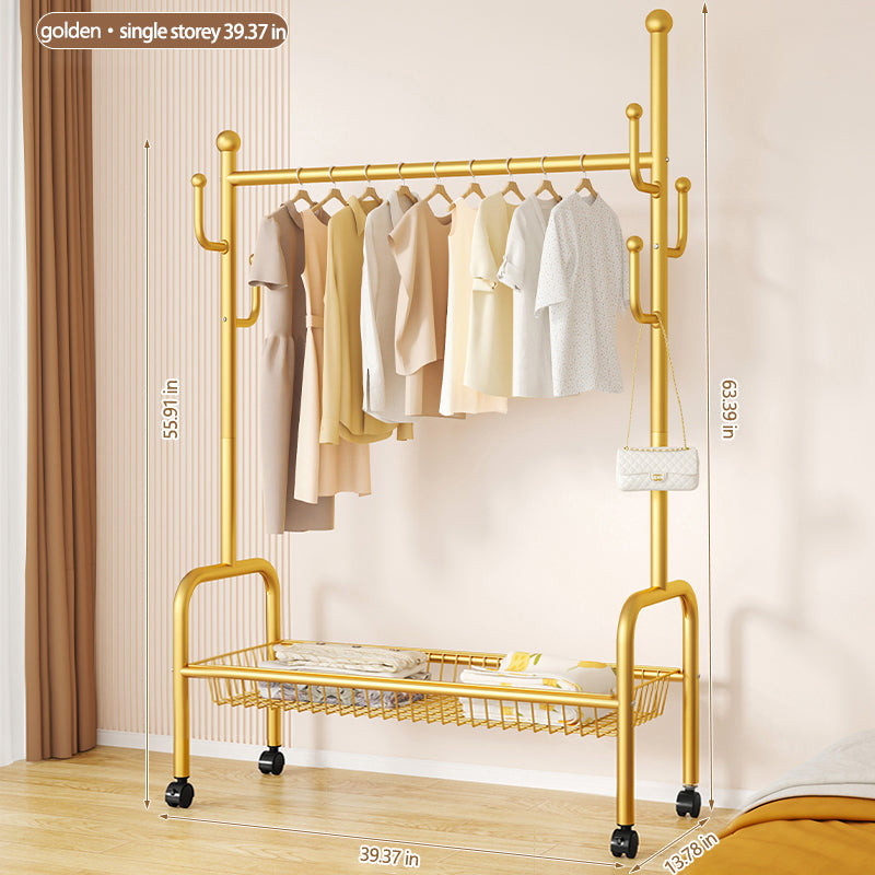 Rolling Multi-Hook Coat Rack|Garment Rack with Basket for Clothes, Hats, and Shoes