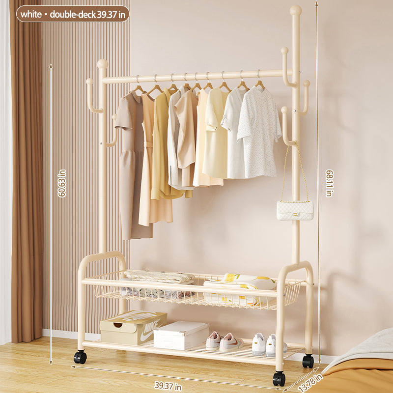 Rolling Multi-Hook Coat Rack|Garment Rack with Basket for Clothes, Hats, and Shoes