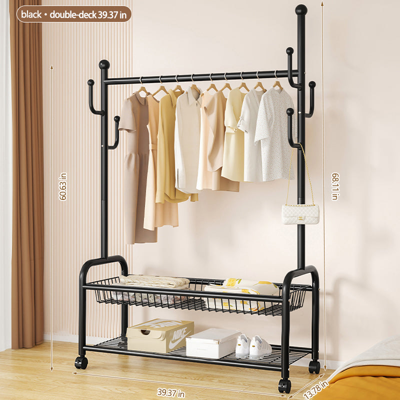 Rolling Multi-Hook Coat Rack|Garment Rack with Basket for Clothes, Hats, and Shoes