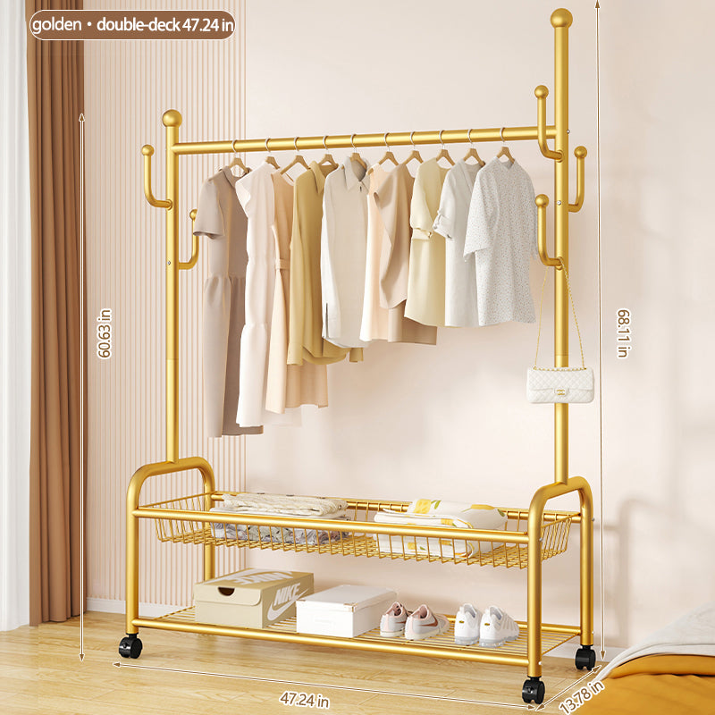 Rolling Multi-Hook Coat Rack|Garment Rack with Basket for Clothes, Hats, and Shoes