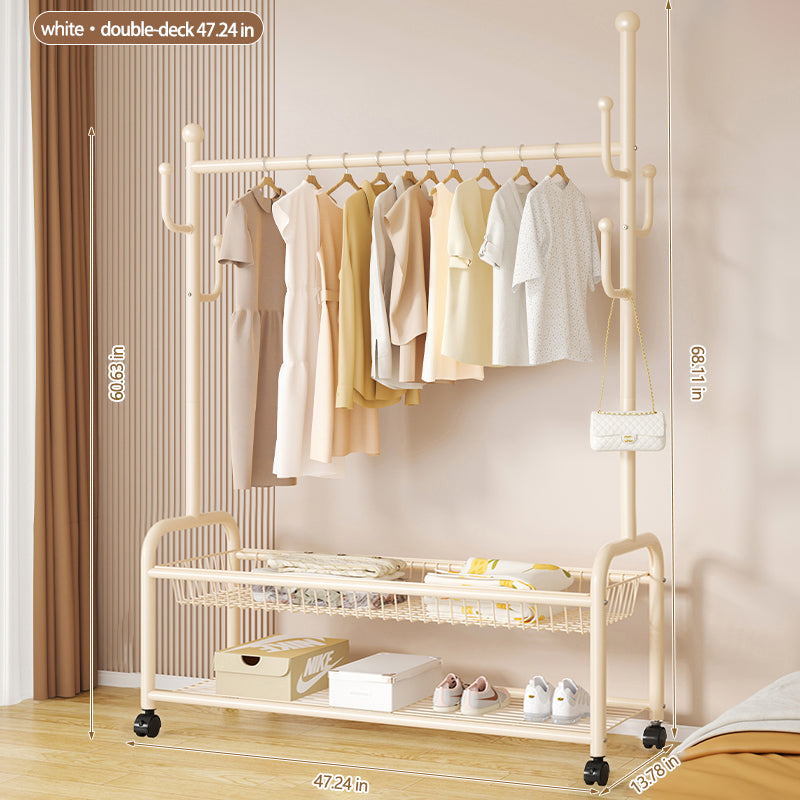 Rolling Multi-Hook Coat Rack|Garment Rack with Basket for Clothes, Hats, and Shoes