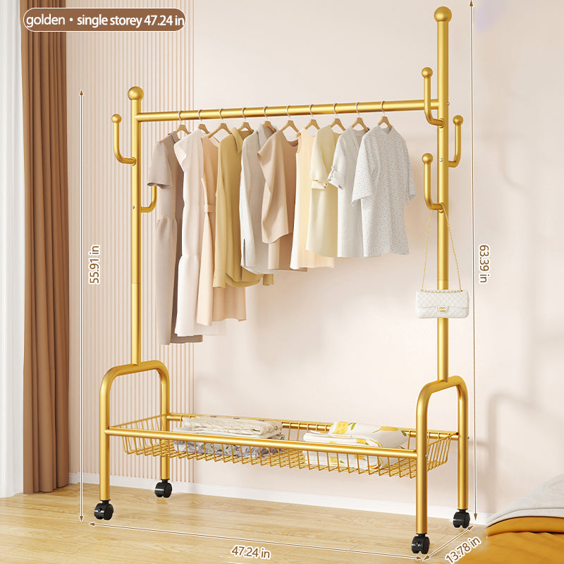 Rolling Multi-Hook Coat Rack|Garment Rack with Basket for Clothes, Hats, and Shoes