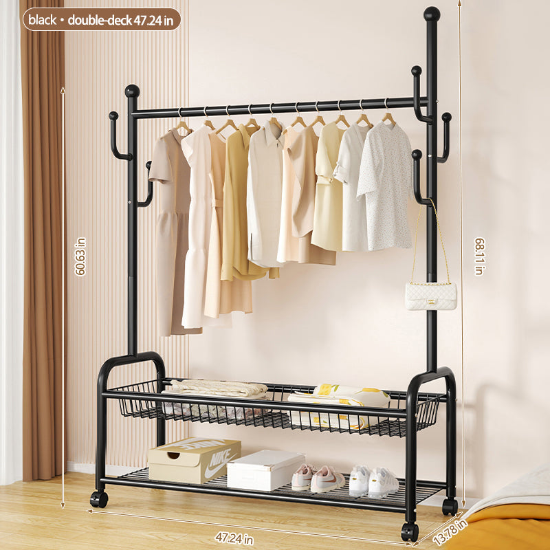 Rolling Multi-Hook Coat Rack|Garment Rack with Basket for Clothes, Hats, and Shoes