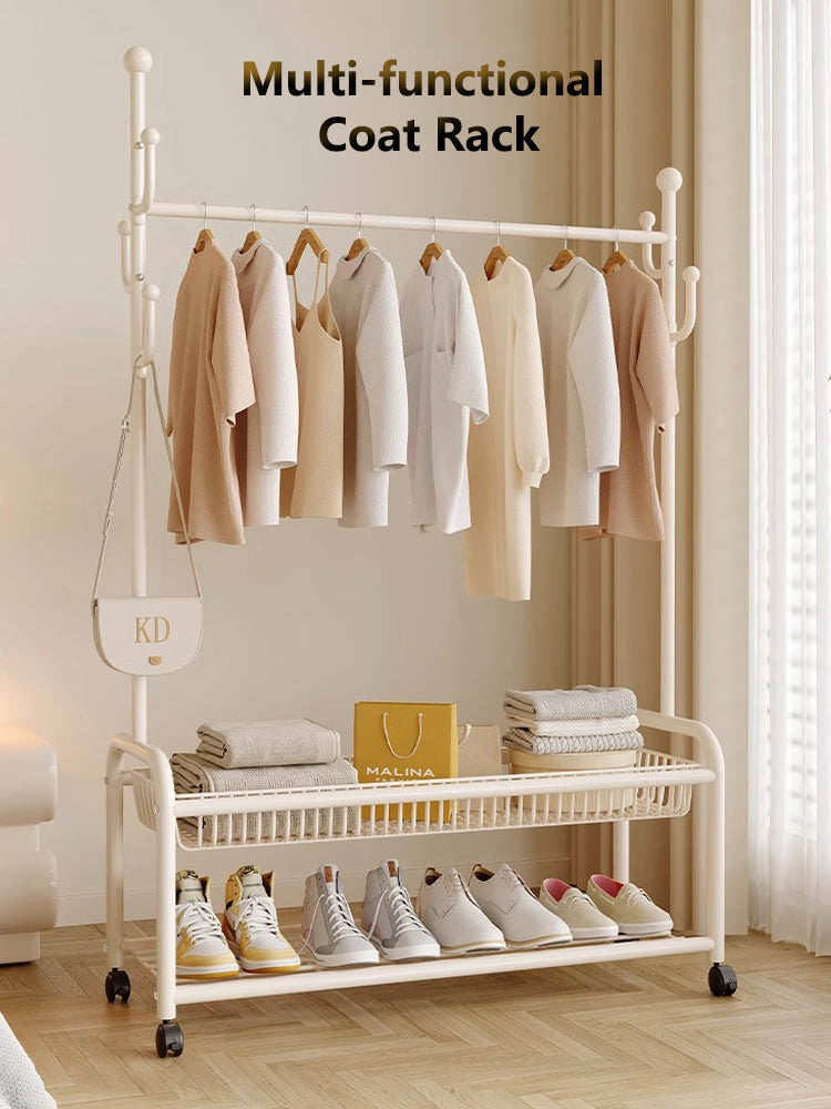 Rolling Multi-Hook Coat Rack|Garment Rack with Basket for Clothes, Hats, and Shoes