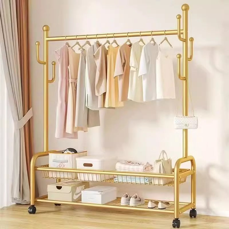 Rolling Multi-Hook Coat Rack|Garment Rack with Basket for Clothes, Hats, and Shoes
