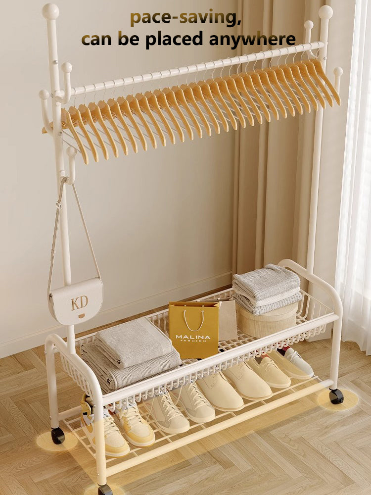 Rolling Multi-Hook Coat Rack|Garment Rack with Basket for Clothes, Hats, and Shoes