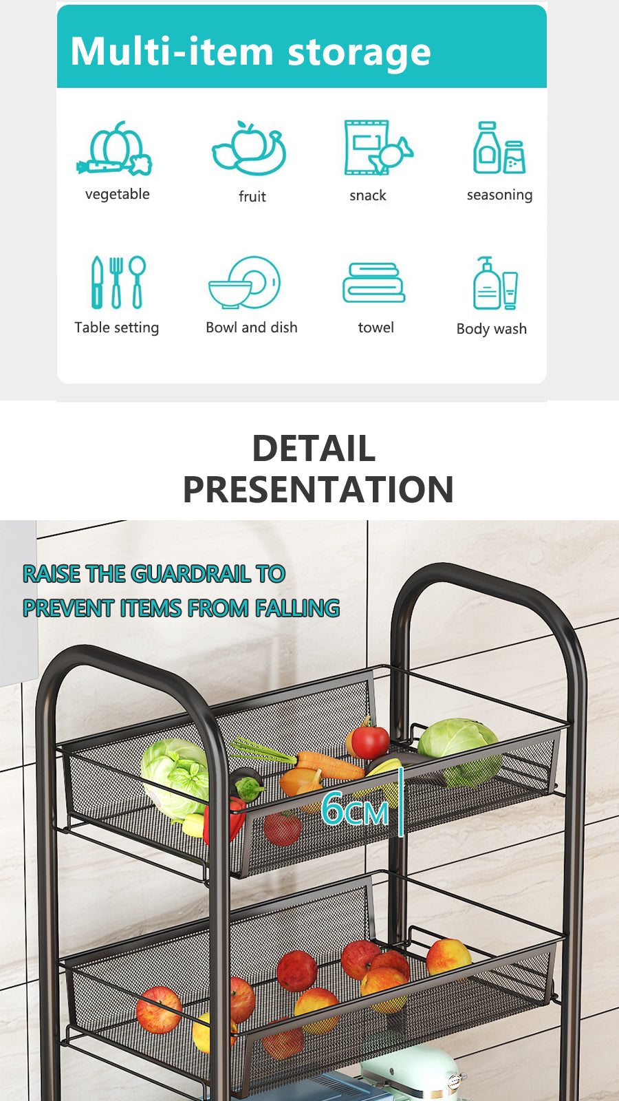 3/4/5 Tier Rolling Storage Trolley Rack | Multi-Function Metal Organizer with 360° Rotating Wheels for Kitchen, Living Room, Bedroom