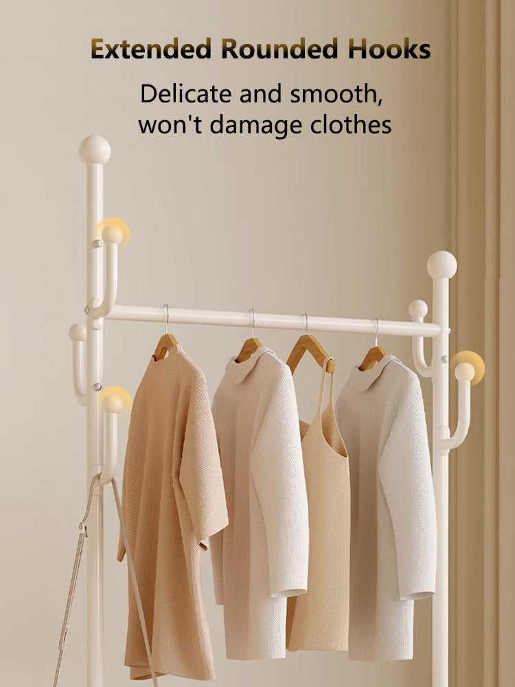 Rolling Multi-Hook Coat Rack|Garment Rack with Basket for Clothes, Hats, and Shoes