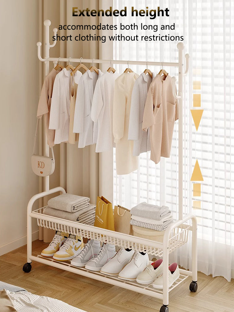 Rolling Multi-Hook Coat Rack|Garment Rack with Basket for Clothes, Hats, and Shoes