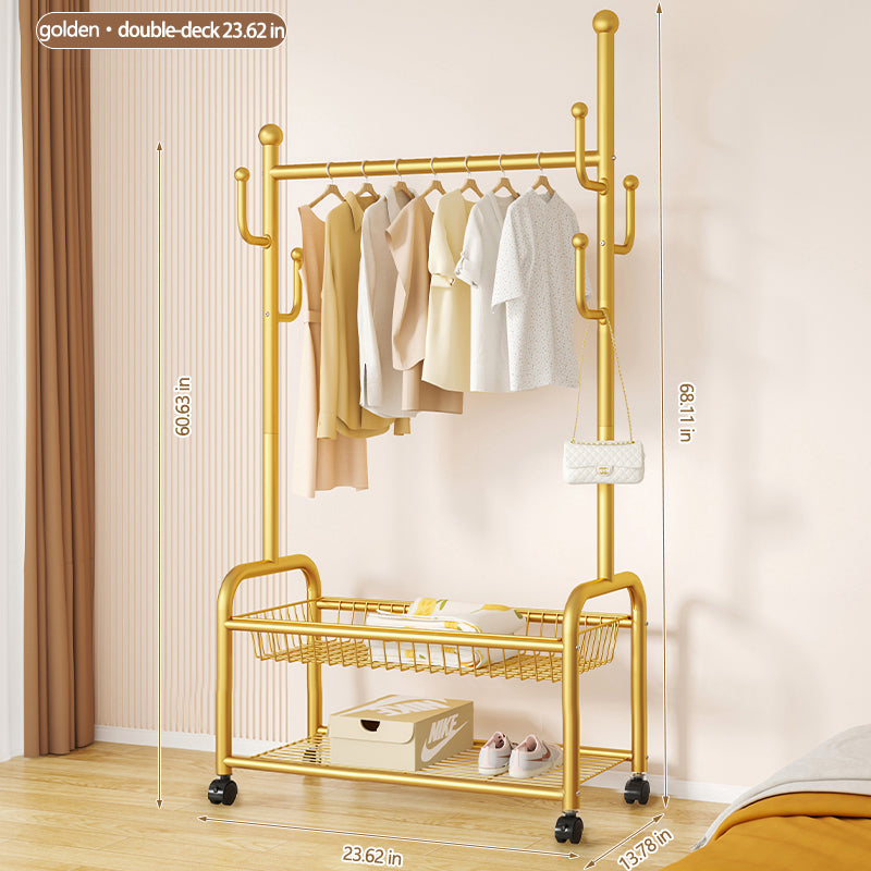 Rolling Multi-Hook Coat Rack|Garment Rack with Basket for Clothes, Hats, and Shoes