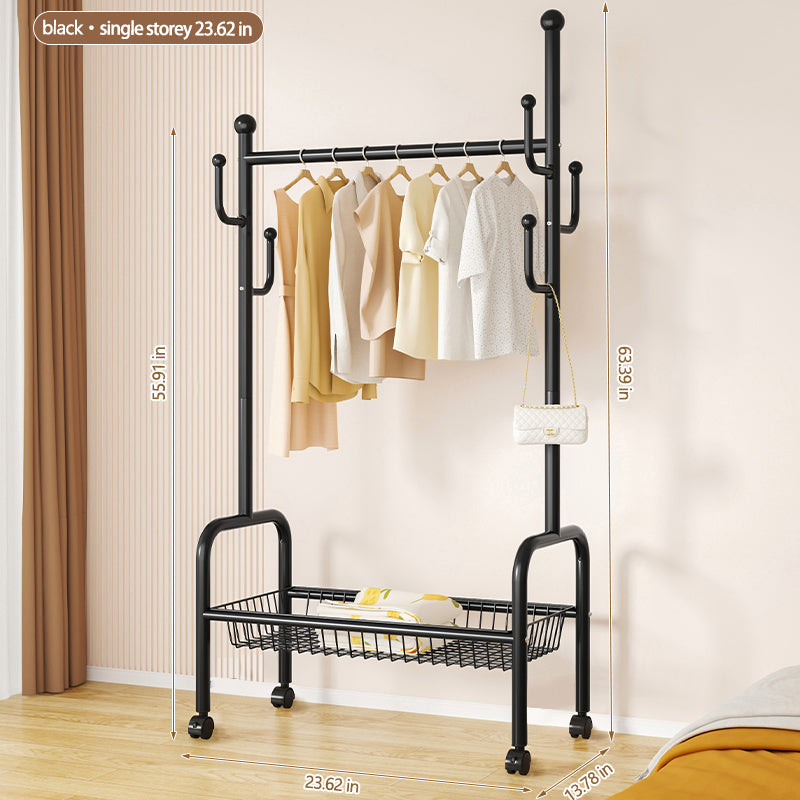 Rolling Multi-Hook Coat Rack|Garment Rack with Basket for Clothes, Hats, and Shoes