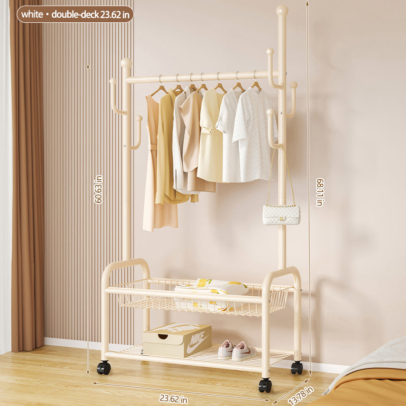 Rolling Multi-Hook Coat Rack|Garment Rack with Basket for Clothes, Hats, and Shoes