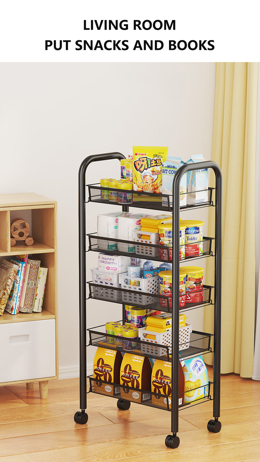 3/4/5 Tier Rolling Storage Trolley Rack | Multi-Function Metal Organizer with 360° Rotating Wheels for Kitchen, Living Room, Bedroom