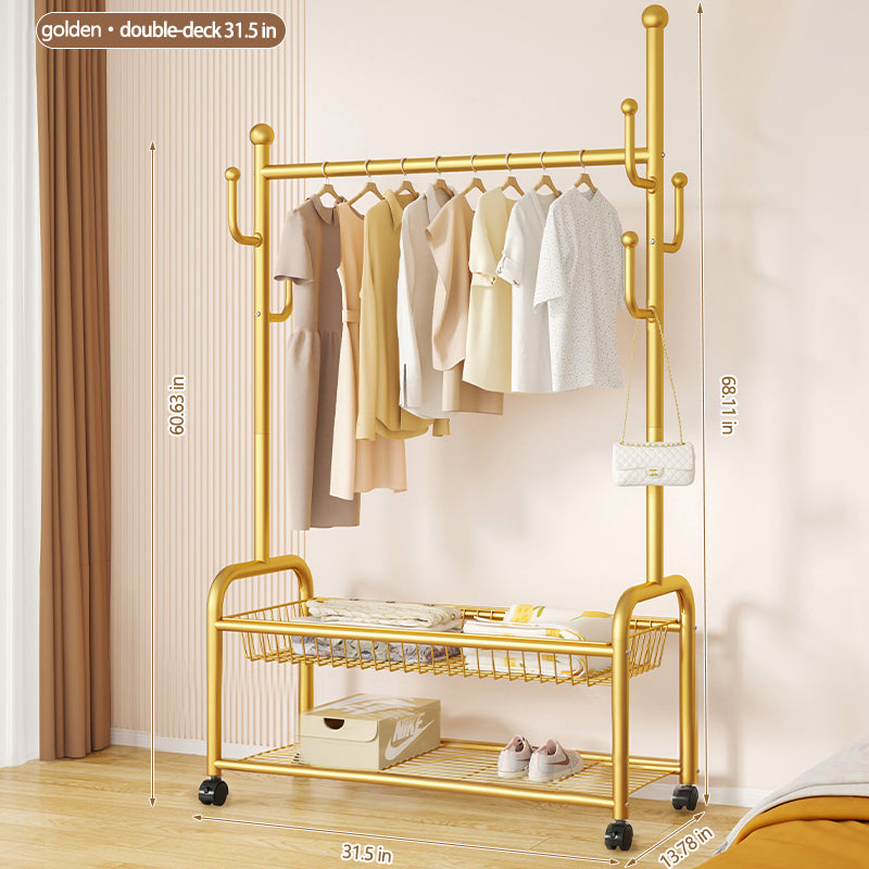 Rolling Multi-Hook Coat Rack|Garment Rack with Basket for Clothes, Hats, and Shoes