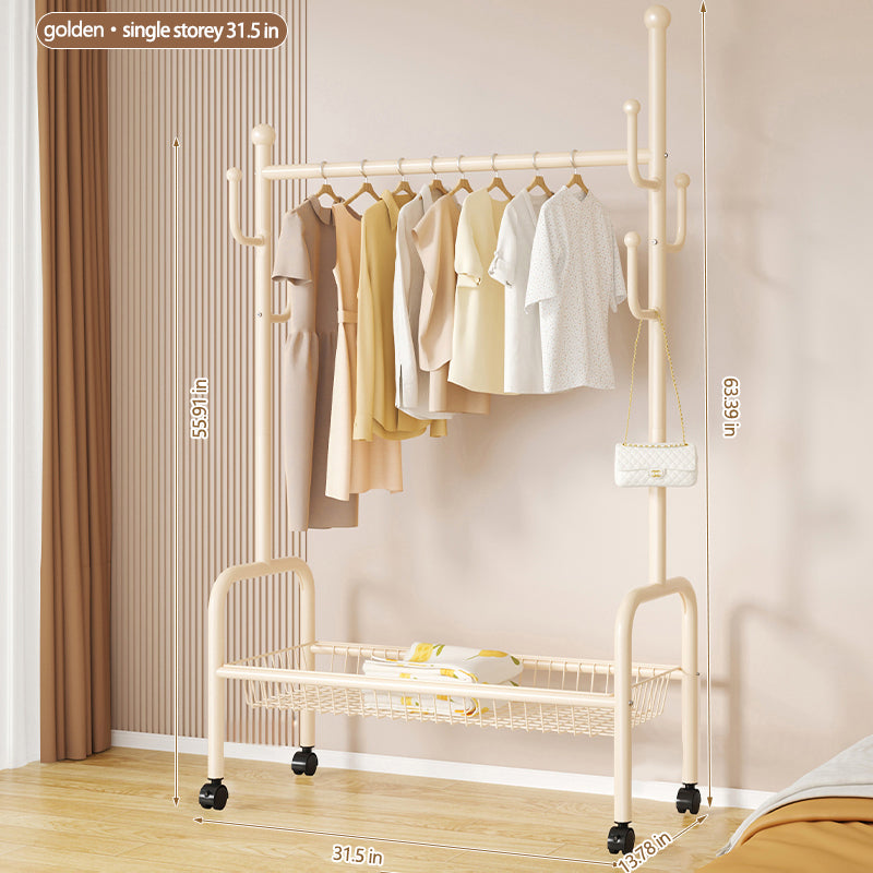 Rolling Multi-Hook Coat Rack|Garment Rack with Basket for Clothes, Hats, and Shoes