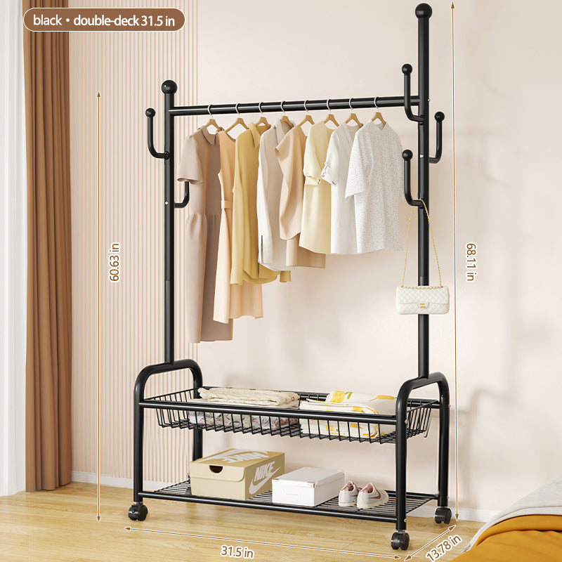 Rolling Multi-Hook Coat Rack|Garment Rack with Basket for Clothes, Hats, and Shoes