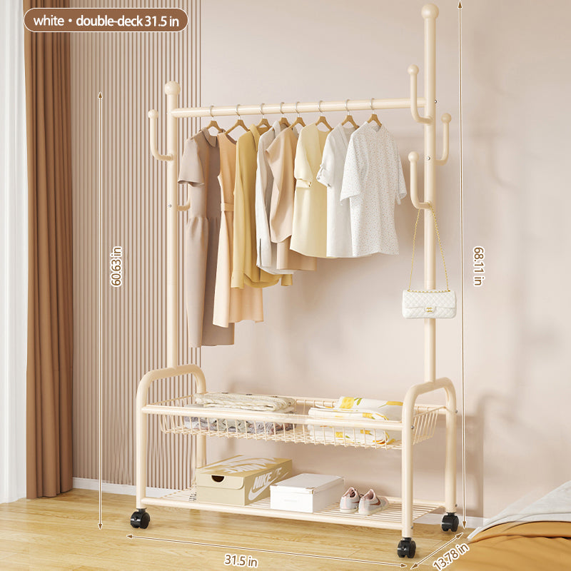 Rolling Multi-Hook Coat Rack|Garment Rack with Basket for Clothes, Hats, and Shoes