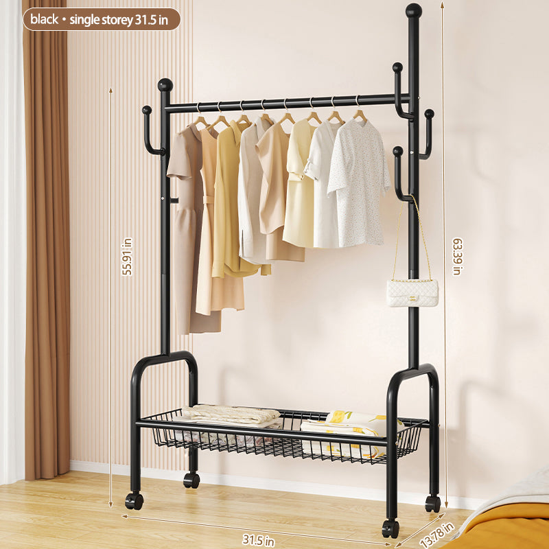 Rolling Multi-Hook Coat Rack|Garment Rack with Basket for Clothes, Hats, and Shoes