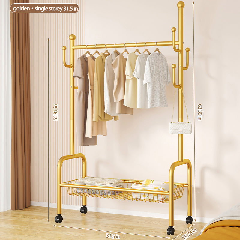 Rolling Multi-Hook Coat Rack|Garment Rack with Basket for Clothes, Hats, and Shoes