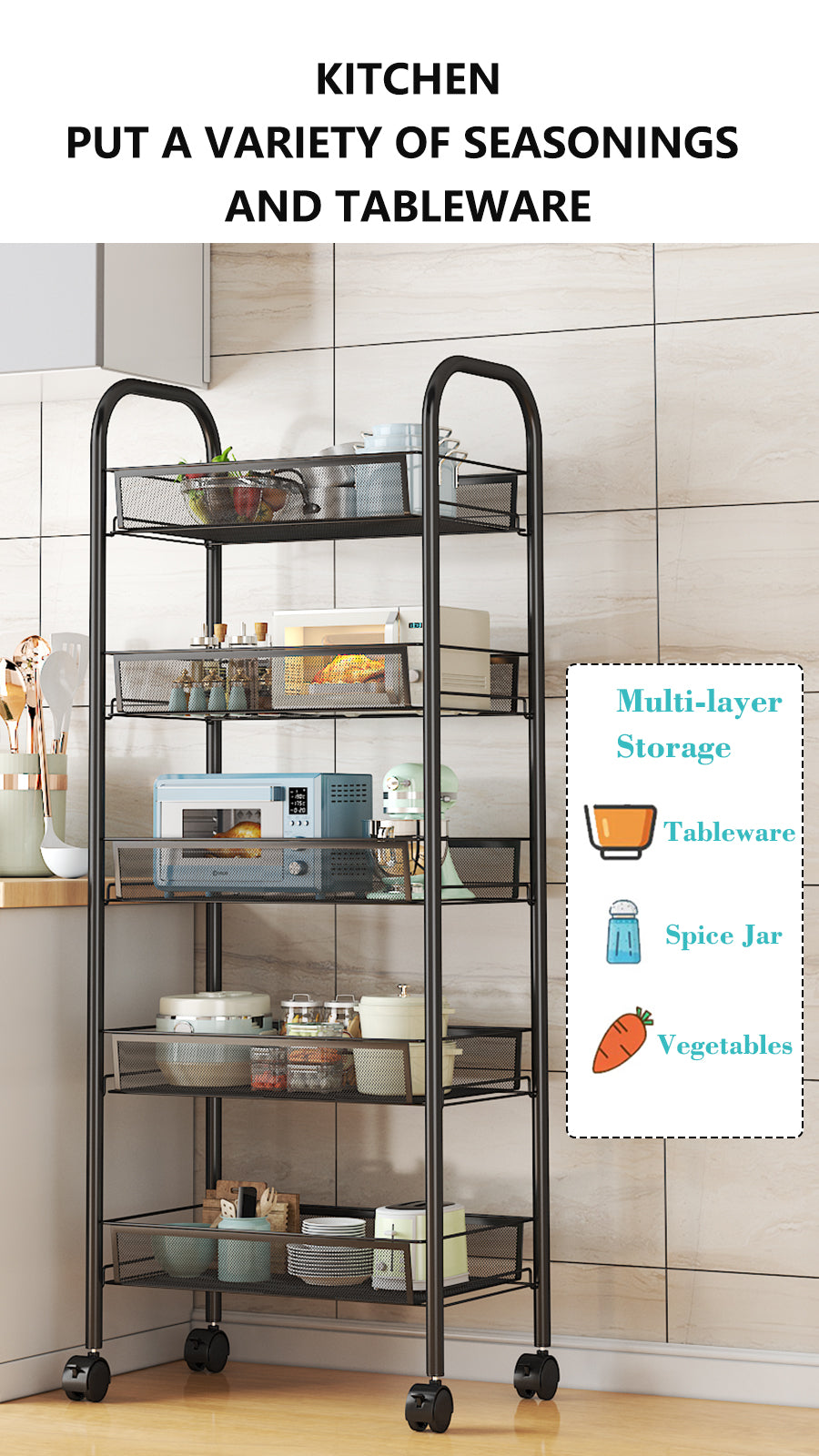 3/4/5 Tier Rolling Storage Trolley Rack | Multi-Function Metal Organizer with 360° Rotating Wheels for Kitchen, Living Room, Bedroom